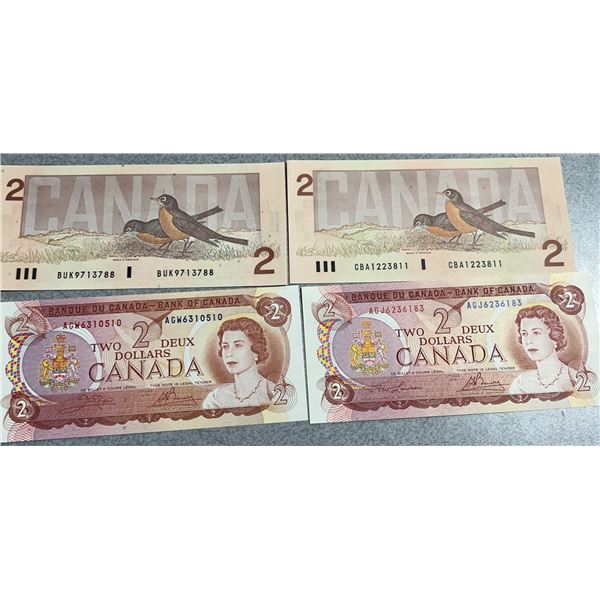 4 Canadian $2 Banknotes, Multiple Series, Includes 1986 and 1974 Issues