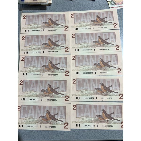 10 Consecutive Canadian $2 Bills, Birds of Canada Series