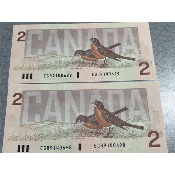 1986 Bank of Canada $2 Notes Sequential EGR9140698-699