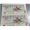Image 1 : 1986 Bank of Canada $2 Notes Sequential EGR9140698-699