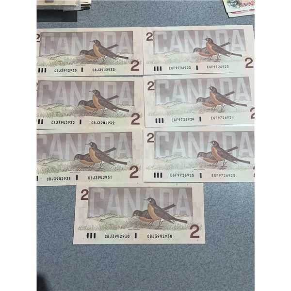 Seven Canadian $2 Banknotes Consecutive Numbers