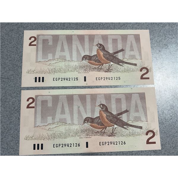 1986 $2 Canadian Banknotes Sequential EGP2942125 & EGP2942126