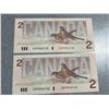 Image 1 : 1986 $2 Canadian Banknotes Sequential EGP2942125 & EGP2942126