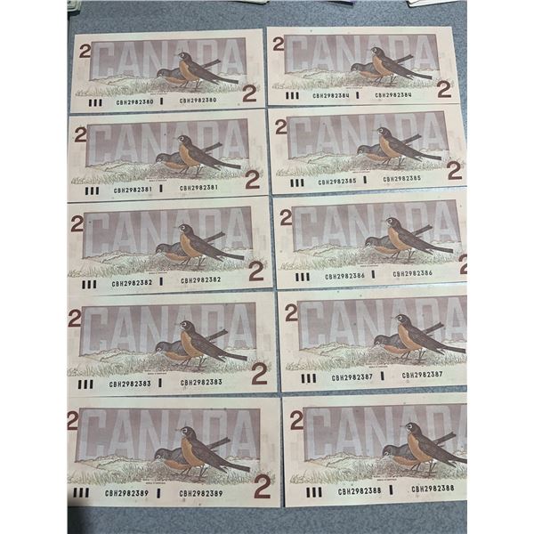 10 Consecutive Canadian $2 Bills Birds of Canada Series