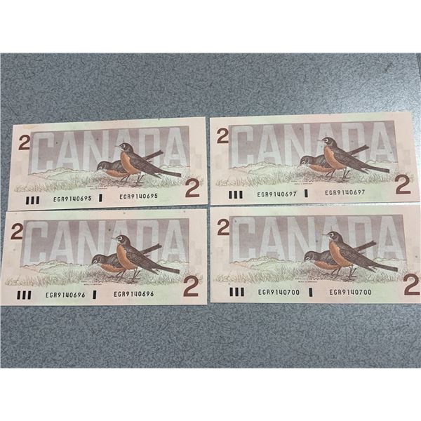 Consecutive Canadian Two Dollar Bills (EGR9140695-698, 700)
