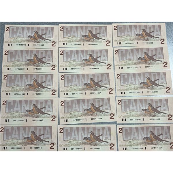 Consecutive Canadian $2 Bills 1986 CBF3468440-CBF3468454 Lot of 15