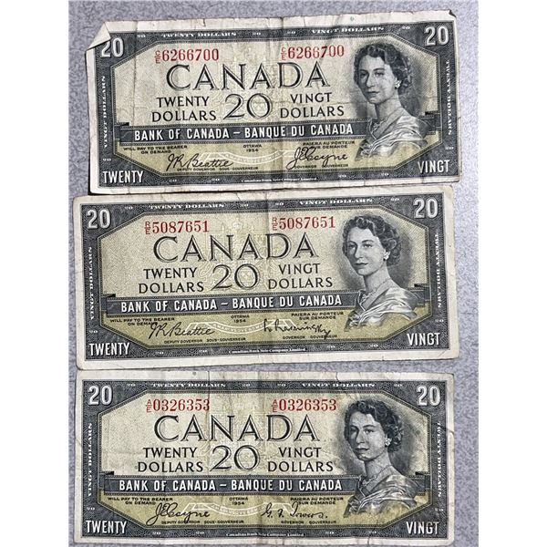 3 1954 Bank of Canada $20 Notes, QEII, Modified Portrait