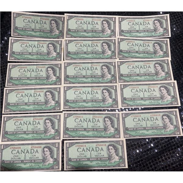 17 Sequential 1954 Bank of Canada $1 Notes Beattie-Rasminsky