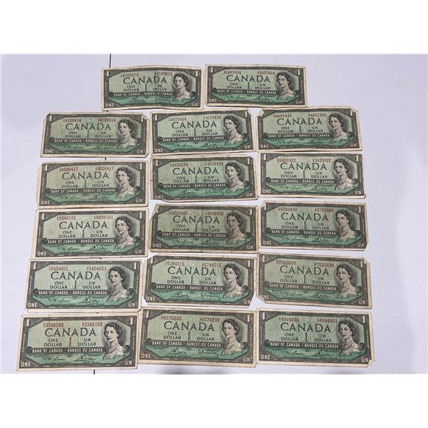 17 Bank of Canada 1954 $1 Notes, Modified Portrait, Circulated
