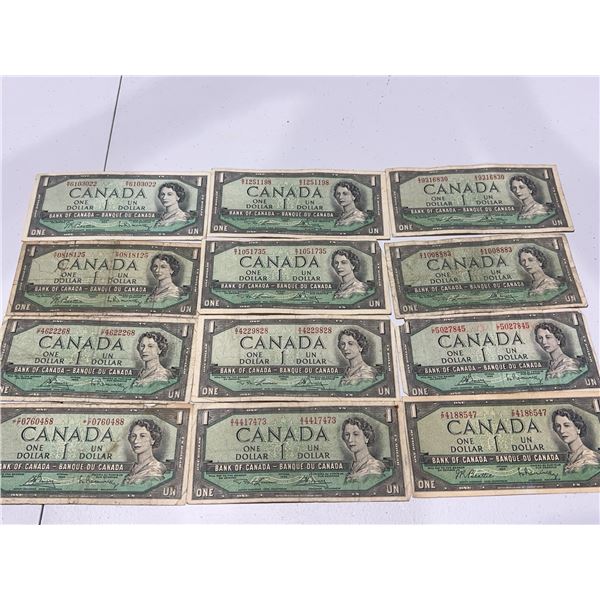12 Canada 1954 One Dollar Banknotes Featuring Queen Elizabeth II