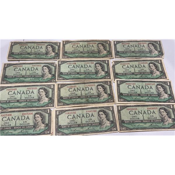 12 Canada 1954 One Dollar Banknotes QEII