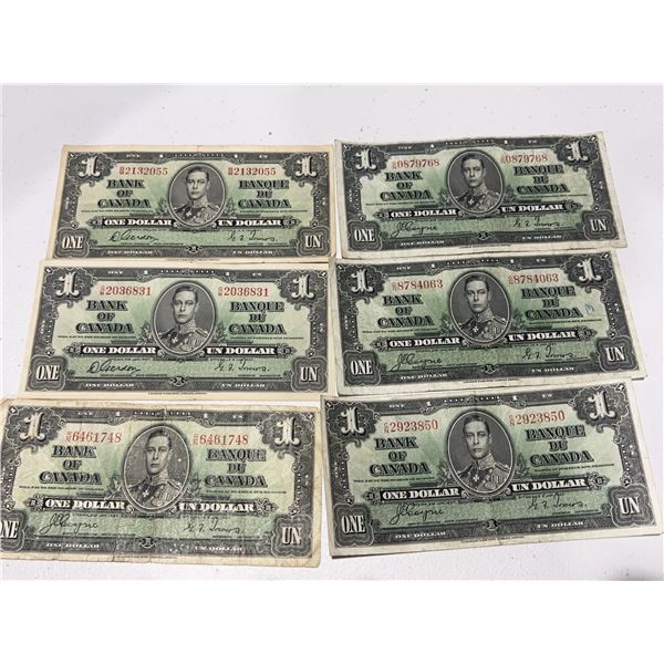 Six 1937 Bank of Canada $1 George VI Notes