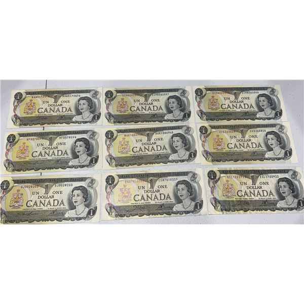 9 Bank of Canada 1973 One Dollar Notes, Multiserial