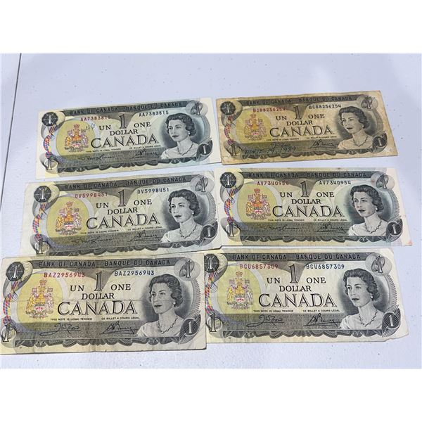 6 Bank of Canada 1973 One Dollar Notes