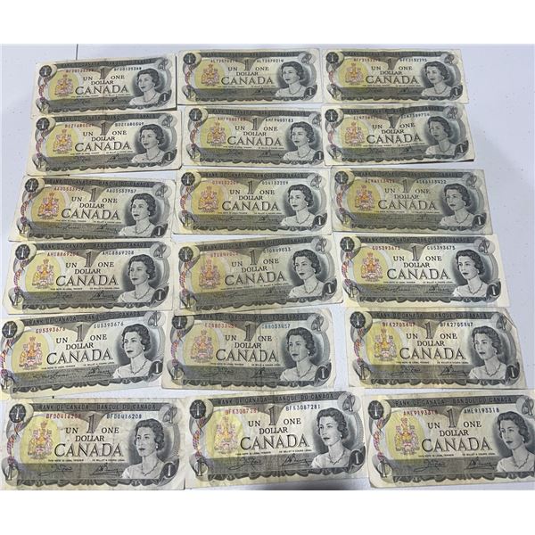 18 Bank of Canada $1 Bills, 1954 Series, QEII, Mixed Prefixes