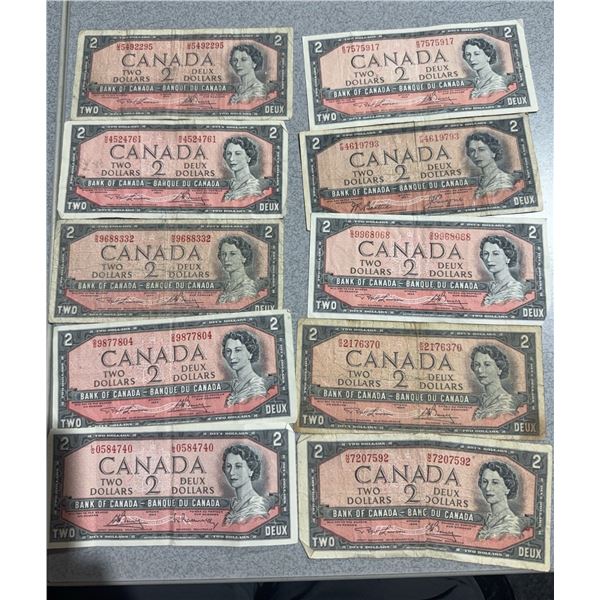 1954 Series Bank of Canada $2 Notes, Lot of 10