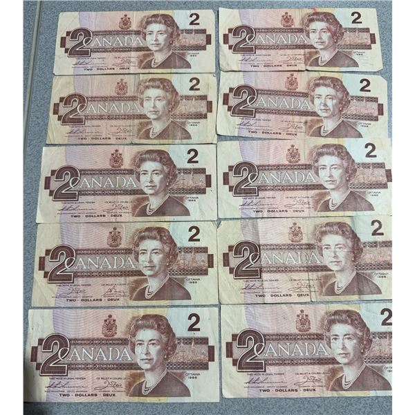 10 Canada 1986 $2 Banknotes Queen Elizabeth II