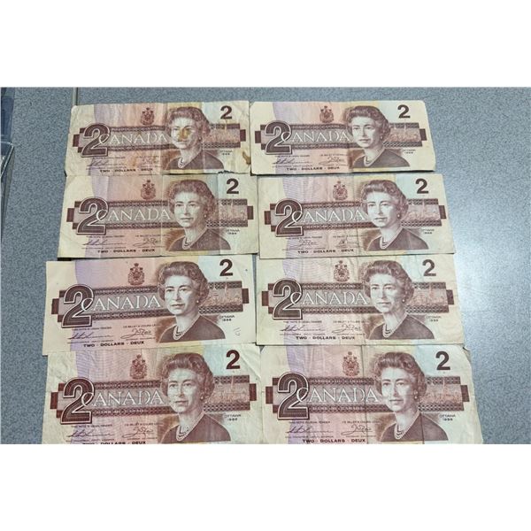 Eight 1986 Canada $2 Banknotes Queen Elizabeth II