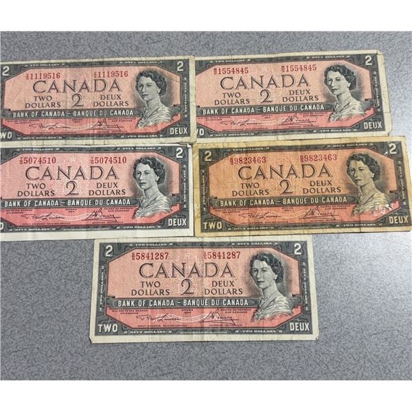 1954 Bank of Canada $2 Dollar Notes Lot of 5