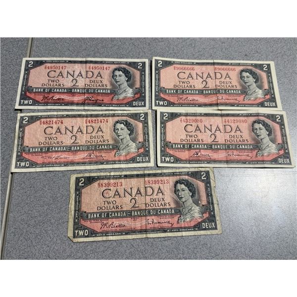 5 Canadian 2 Dollar Banknotes, 1954 Series