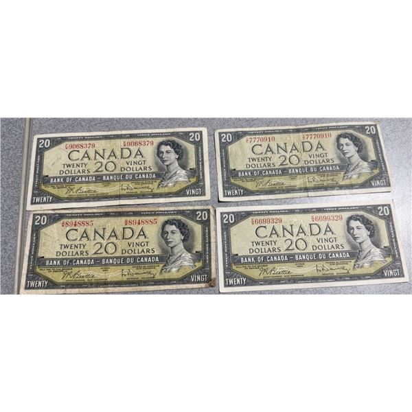 4 Bank of Canada 1954 $20 Notes With Queen Elizabeth II Portrait