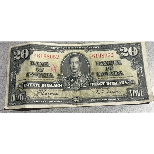 1937 Bank of Canada $20 Bill, King George VI, Serial KE6198052
