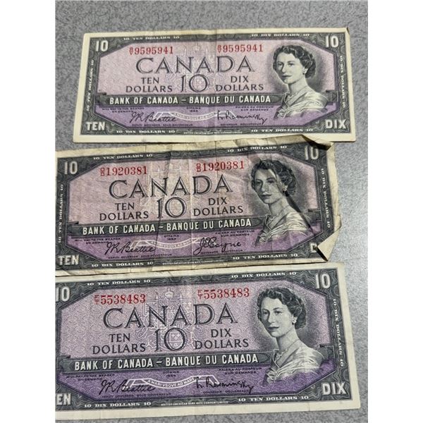 1954 Bank of Canada $10 Dollar Notes, Set of 3, Queen Elizabeth II