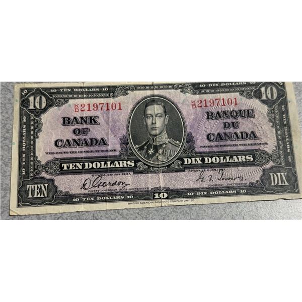 1937 Bank of Canada $10 Bill King George VI K/D Serial 2197101