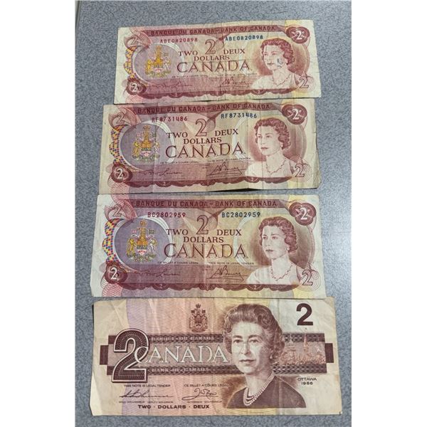 4 Canadian $2 Banknotes 1974 and 1986 Queen Elizabeth II