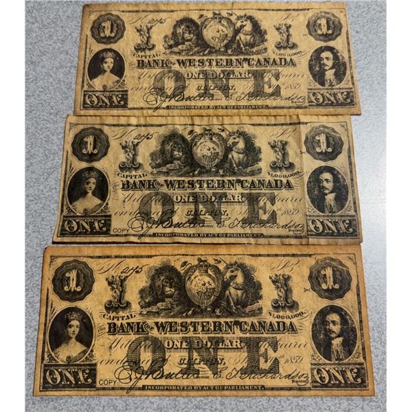3 Bank of Western Canada One Dollar Bills, 2 Copies