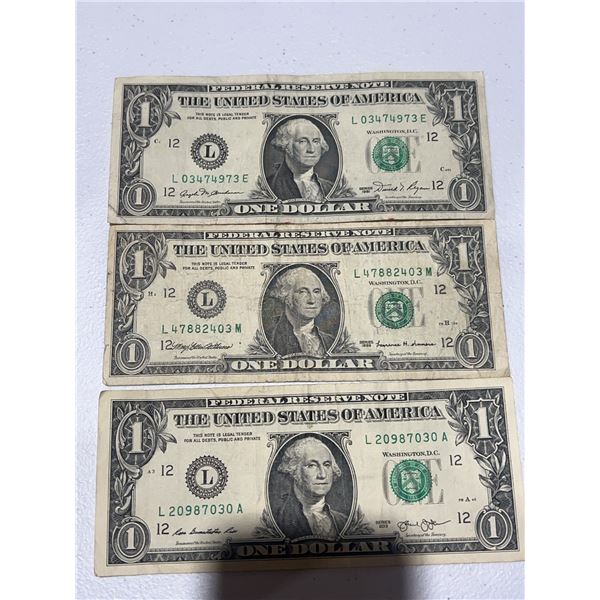 Three US $1 Federal Reserve Notes, Various Series