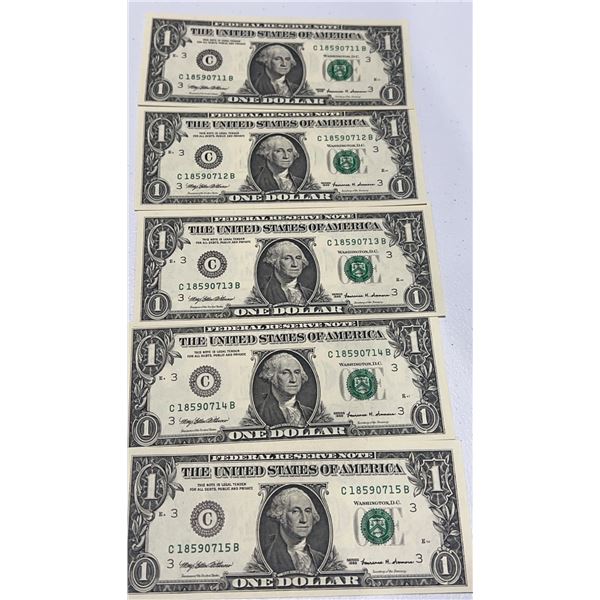 Consecutive 1989 US One Dollar Bills, Lot of 5
