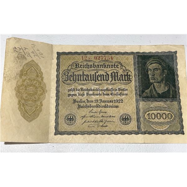 1922 German 10,000 Mark Reichsbanknote Berlin