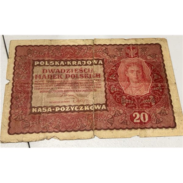 Polska Krajowa 20 Polish Marks Banknote, Circa 1919