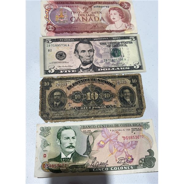 World Paper Money Group, 4 Notes, Canada, USA, El Salvador, Costa Rica