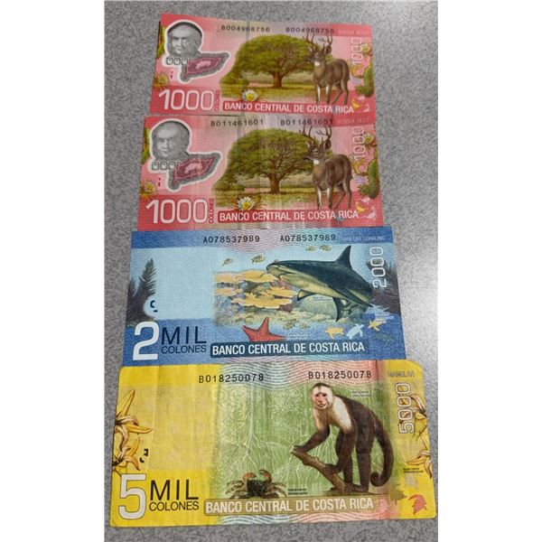 Costa Rica Banknotes: 1000, 2000, and 5000 Colones