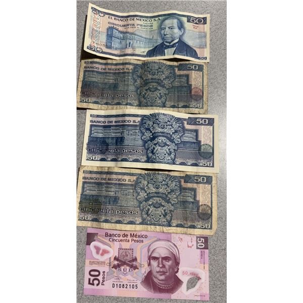 5 Mexican 50 Peso Banknotes, Various Designs and Series