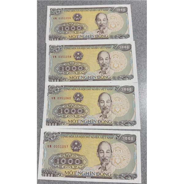 4 Vietnam 1000 Dong Banknotes Sequential Serial Numbers