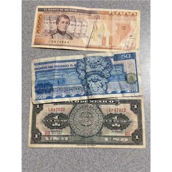 3 Mexican Banknotes: 5000, 50 Pesos, and 1 Peso