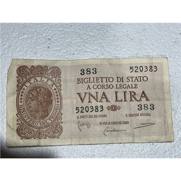 Italy 1 Lira Banknote 1944 State Treasury Note