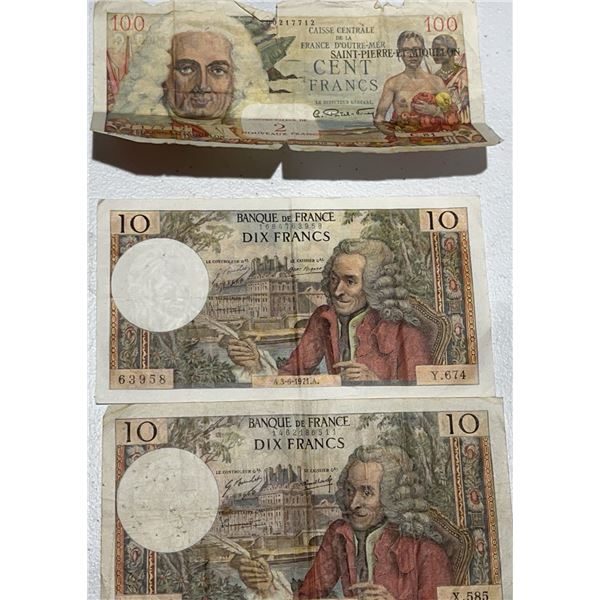 French Banknotes Lot: One 100 Franc and Two 10 Franc Notes