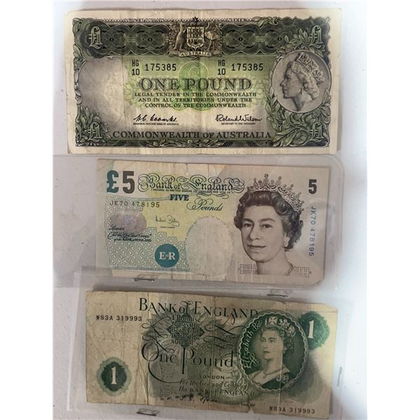 Australian and British Banknote Collection: 1 Pound, 5 Pounds