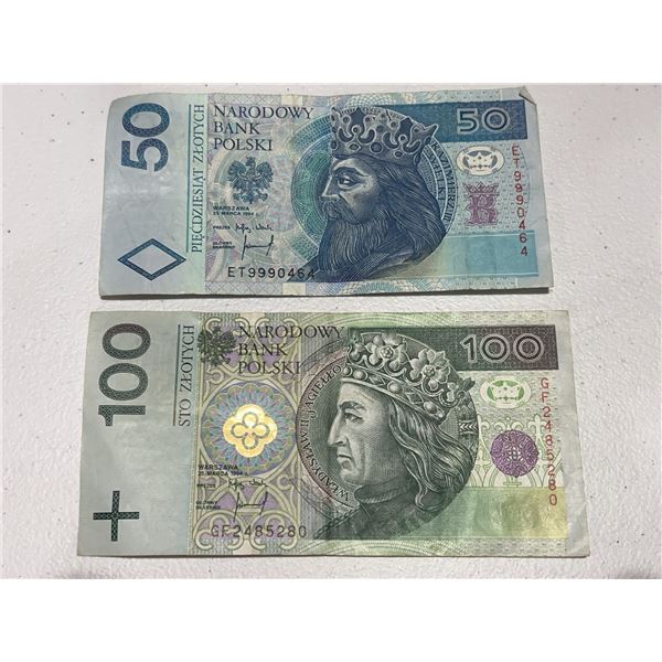 Poland 50 and 100 Zlotych Banknotes Narodowy Bank Polski