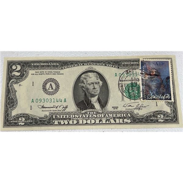 1976 United States $2 Note With 13c Spirit of '76 Stamp