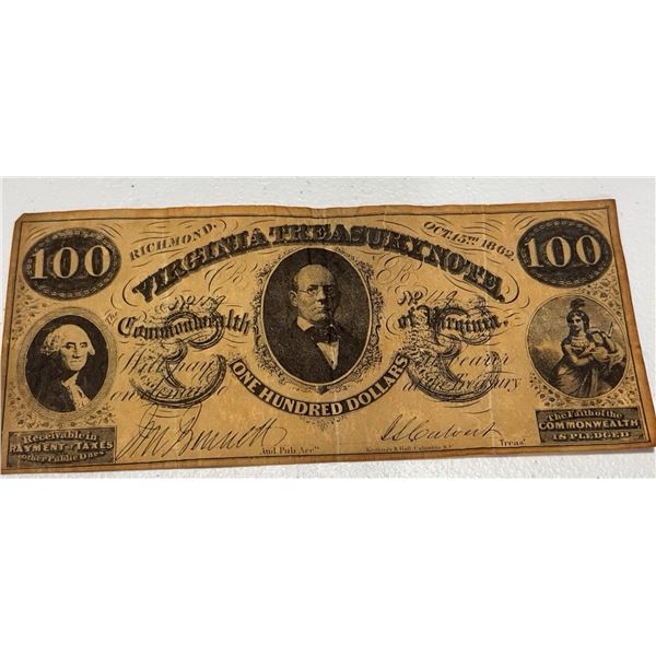 Virginia Treasury Note $100 Confederate Currency