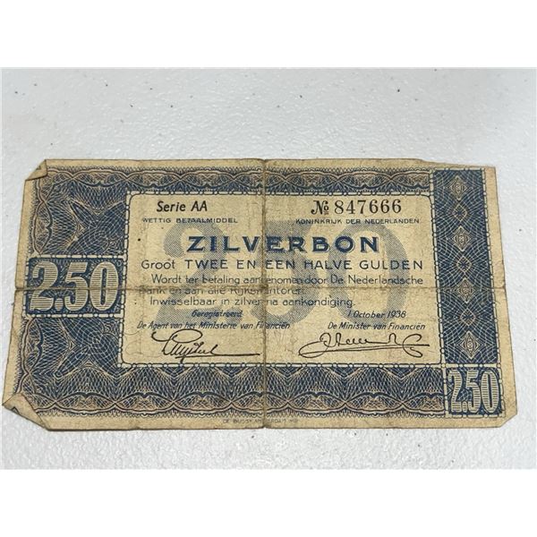 1938 Dutch Zilverbon 2.5 Gulden Banknote, Serie AA