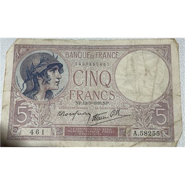 France 5 Francs Banknote Banque de France (1929)