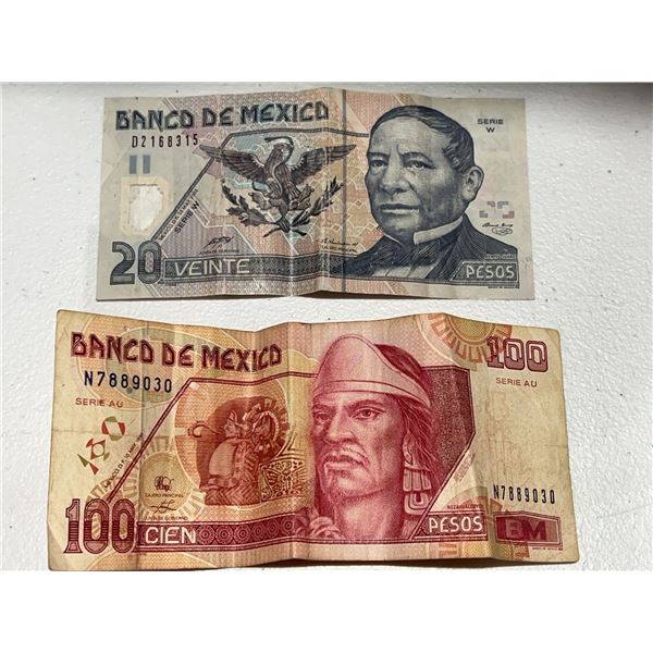 Mexico 20 and 100 Pesos Banknotes, Benito Juárez and Nezahualcóyotl