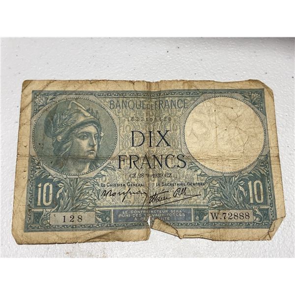 1939 Banque de France 10 Francs Banknote W.72888