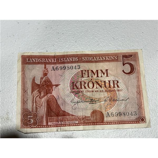 Iceland 5 Kronur Banknote, 1957, Landsbanki Islands